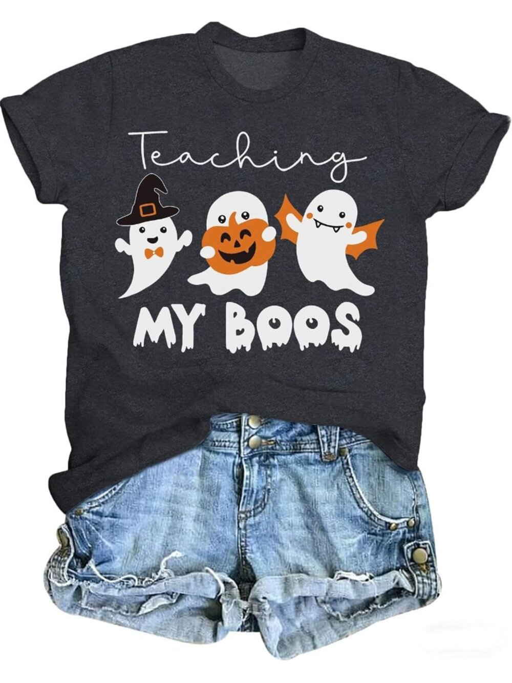 🎃Women's Deepgrey Halloween Teaching My Boos Short Sleeves Cute Ghost T Shirt
